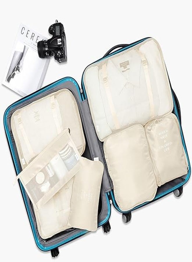 STESHWK Travel Packing Cosmetics Luggage Packing Organizers for Clothes, Cosmetics, Underwear, Socks, Shoes Toiletry Bag Suitcase Foldable Set of 7 (Beige) - Image 2